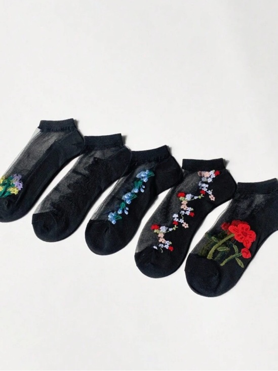 Accessories - Black Floral Ankle Socks - Pack of 5